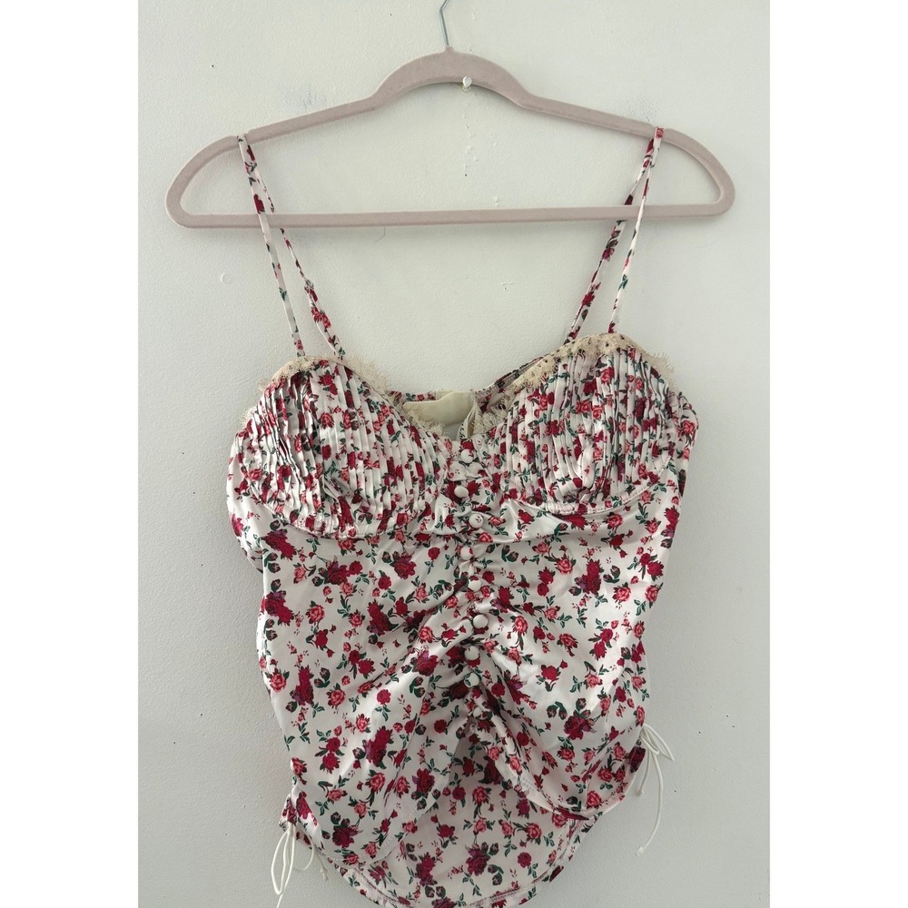 For Love & Lemons Melrose Bustier Top Floral Satin Lace Trim Cream and Pink XL
